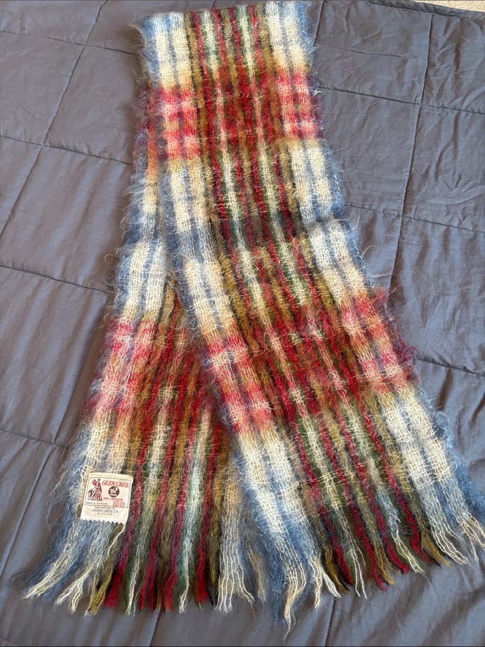 Multicolor Plaid Scotland Mohair Vintage Scarf - Cream, Blue, Red, Green